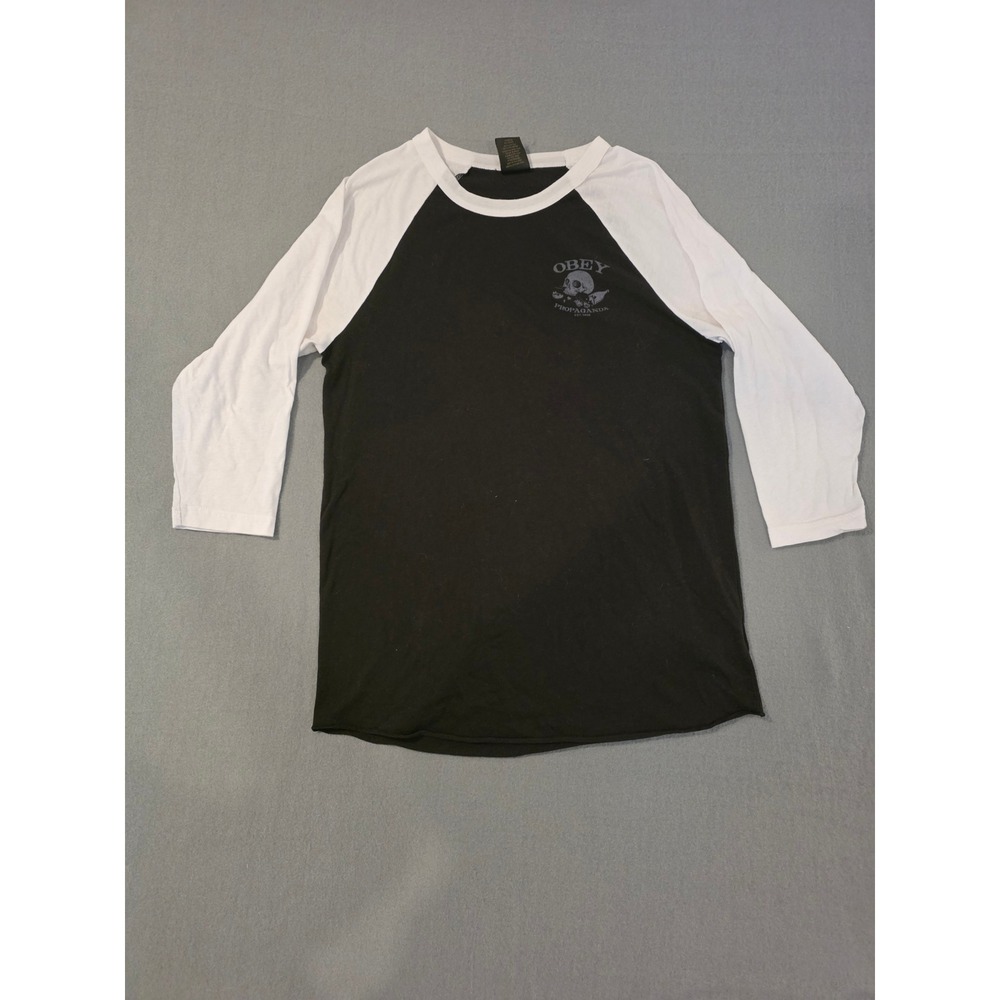 OBEY Propaganda Skull Raglan Baseball Tee Black White 3/4 Sleeve Streetwear L
